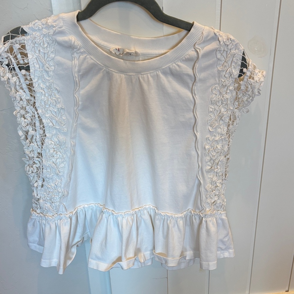 Anthropologie White Lace Sleeve Shirt